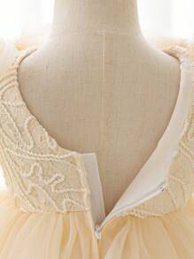 Baby Girl Lace Tulle Vacation Dress, Flower Girl Wedding Party Puff, Champagne Color, Bowknot Decor Fall Winter - Champagne - View 7