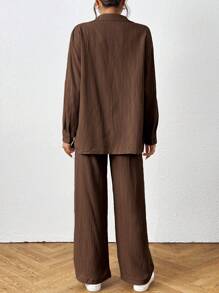 SHEIN PETITE 女士休闲办公装纯色衬衫和裤子两件套 - 棕色 - 查看 2