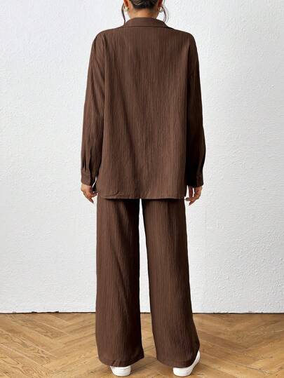 SHEIN PETITE Women Casual & Office Wear Solid Color Shirt And Pants 2 Pieces Set