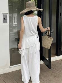 DAZY 2pcs/Set Women Summer Asymmetric Hem Round Neck Sleeveless Tank Top And Loose Casual Wide Leg Long Pants Streetwear Casual Suit