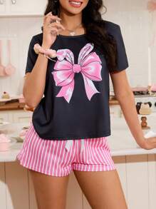 Eraneu Bộ đồ ngủ ngắn thoải mái dành cho nữ kèm quần short sọc và áo họa tiết nơ Bộ đồ ngủ hai mảnh Bộ đồ ngủ nơ Bộ đồ ngủ nữ Bộ đồ ngủ ngắn sọc - Nhiều màu - Xem 6