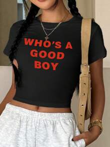 SHEIN EZwear 女士休闲字母印花圆领短款 T 恤，夏季 - 黑色 - 查看 3