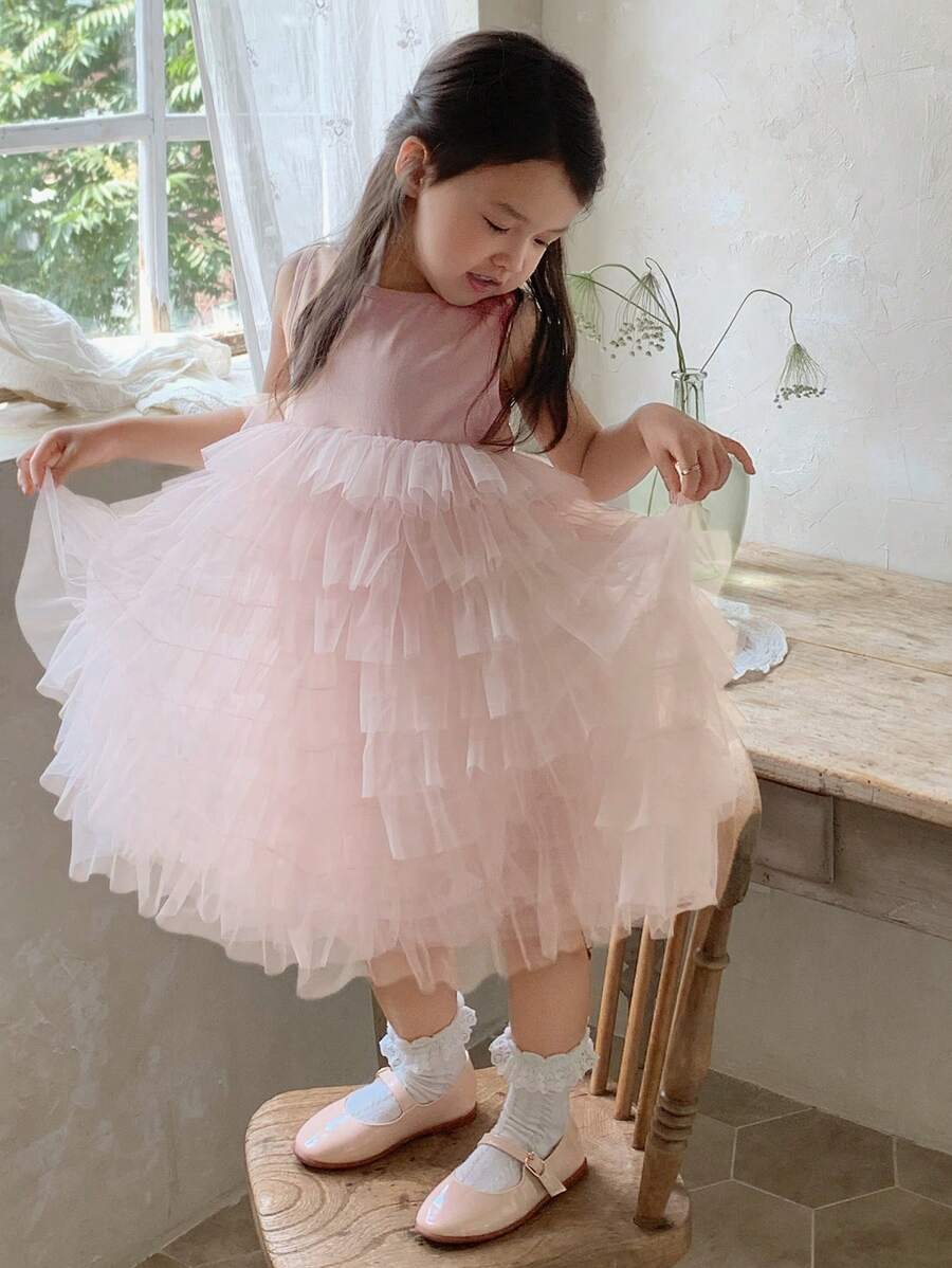 Dazy Kids Young Girls Round Neck Sleeveless Mesh Patchwork Summer Dress - Pink - View 1