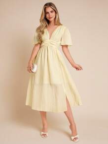 Amorya 女士新款时尚优雅V领收腰开衩连衣裙，修身，中长款，高端淡黄色，夏季休闲/度假装 - 黃色 - 查看 8