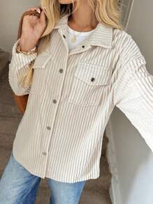 Easowa 缺口领金属扣前双口袋灯芯绒纹理衬衫式夹克，女士休闲优雅外套，适合秋冬季 - 杏色 - 查看 6