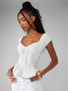 MISSGUIDED Blusa con estilo de corsé, mangas abultadas, parte superior fruncida tipo bustier, estilo campestre de verano, cintura fruncida a rayas y cierre delantero de encaje - Multicolor - Ver 3