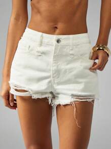 MISSGUIDED High Rise Ripped Frayed Hem Raw Edge Summer Shorts Festival Beach Vacation Cut Off Hot Pants Stone Washed Classic Jean Shorts - White - View 6