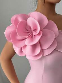 Modelyn 女士 3D 花卉装饰不对称领口优雅法式派对连衣裙 - 粉色 - 查看 6