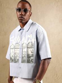 SUMWON Chemise boutonnée à manches courtes de style urbain décontracté, imprimé , coupe ample - Bleu azur - Voir 3