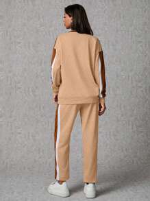 SHEIN Tall 棉質拼色設計運動衫＋運動長褲套裝，適合高個女性 - 米色 - 查看 2