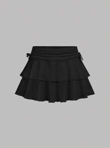 Girlism 2 件套青少年女孩时尚休闲简约褶皱腰 A 字裙黑白，音乐会青少年荷叶边裙青少年女孩裙子套装荷叶边短裙短裤内搭多层荷叶边短裙 - 黑與白 - 查看 6