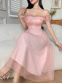 DAZY 女士优雅亮片装饰荷叶边下摆中长连衣裙 - 粉色 - 查看 1