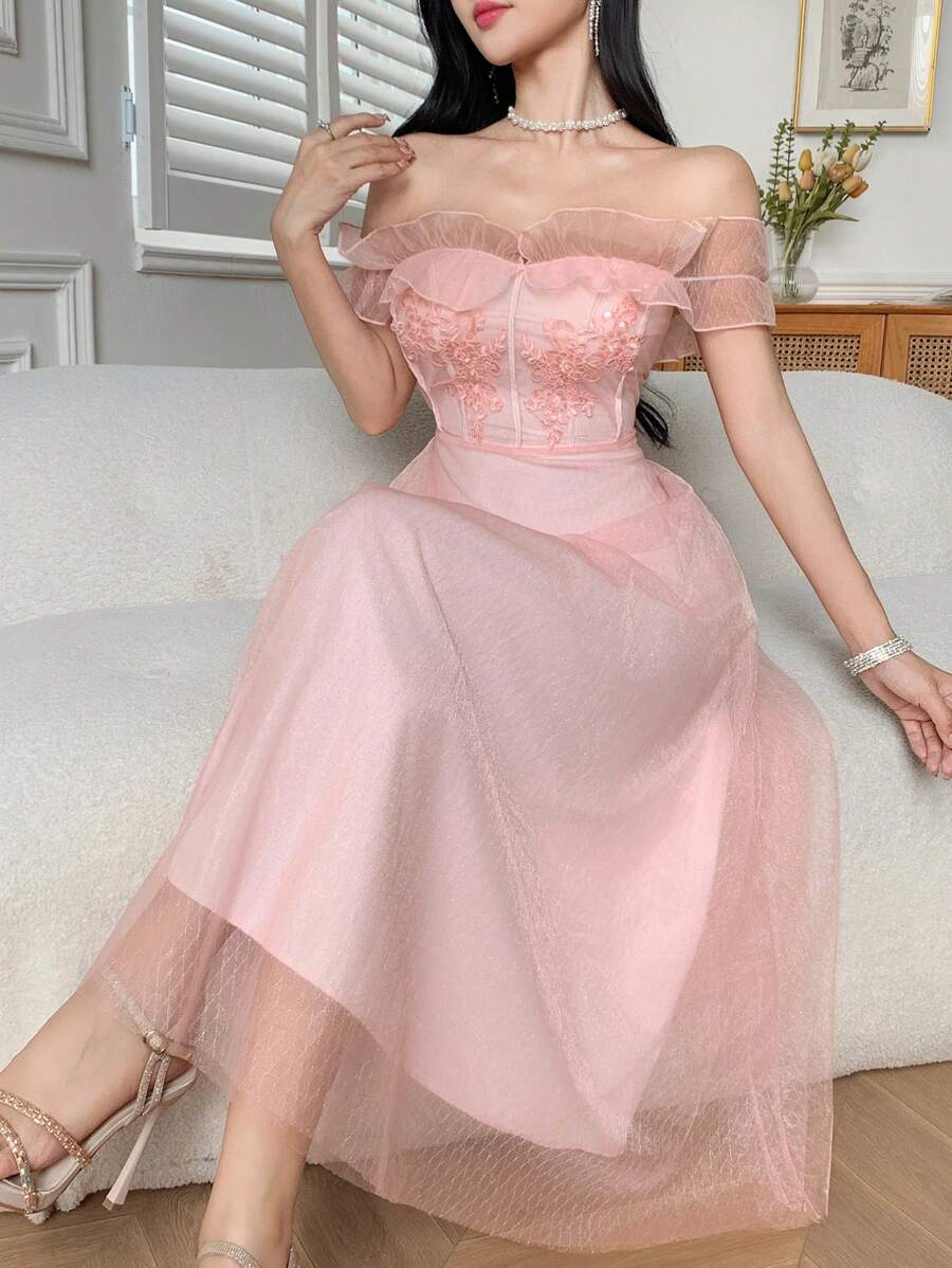 DAZY 女士优雅亮片装饰荷叶边下摆中长连衣裙 - 粉色 - 查看 1