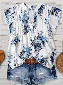 Linhara Plus Size Women Casual Vacation Floral Ruffle Trim Shirt - Multicolor - View 1