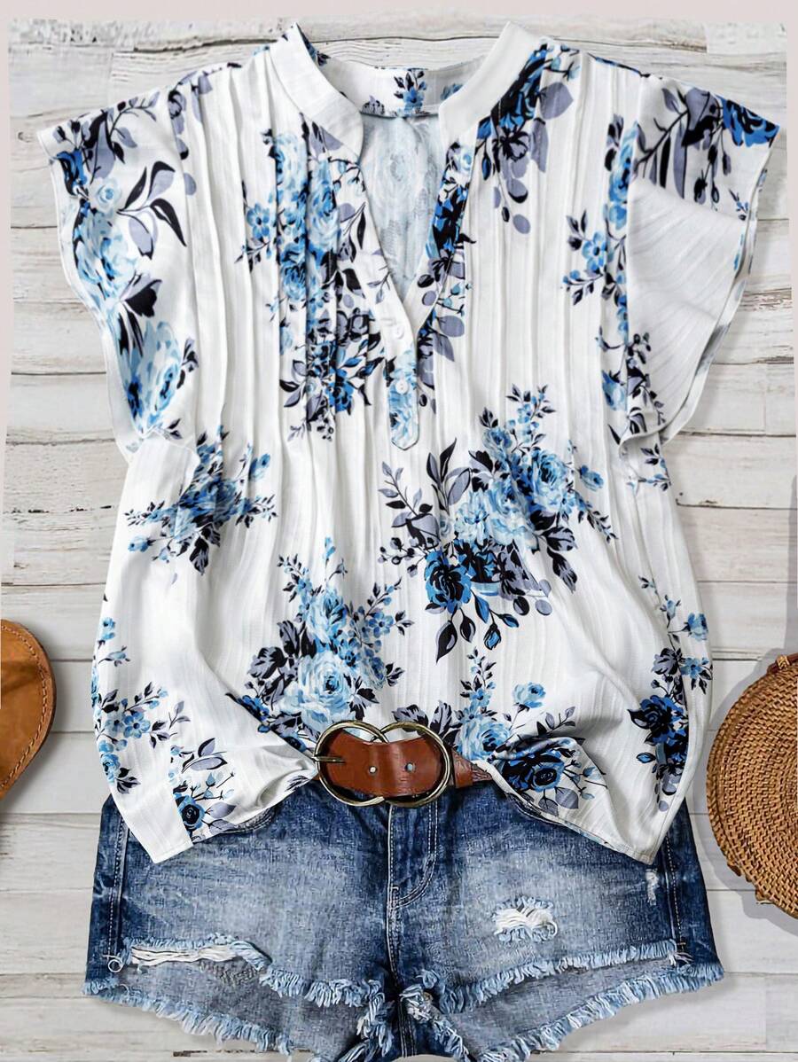 Linhara Plus Size Women Casual Vacation Floral Ruffle Trim Shirt - Multicolor - View 1