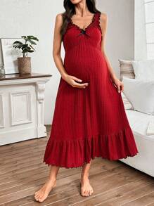 Moonlight&Mama Maternity Knitted Texture Bow Decor Ruched Comfortable Casual Loungewear Dress - Red - View 6