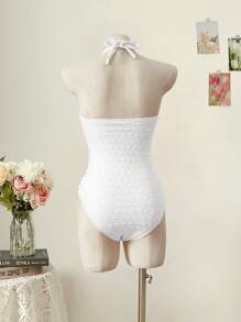 SHEIN MOD Traje de baño de una pieza con cuello atado, cintura recogida y tejido jacquard para la playa, vacaciones y spa - Blanco - Ver 2