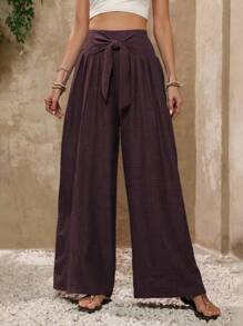 EMERY ROSE Women's Solid Color Vacation High Waist Knotted Pleated Wide Leg Loose Pants - Maroon - View 1