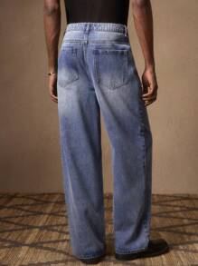 AKNOTIC Men's Blue Rhinestone Casual Straight-Leg Jeans, Suitable For Summer, Vacation, Daily Wear, Party, Gift For Men, For Rave - Medium Wash - View 6