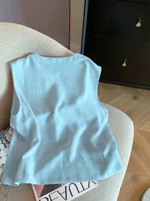 SHEIN 女士纯色圆领单排扣休闲衬衫，夏季百搭 - 淺藍色 - 查看 2