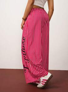 Hanevo Pantalon décontracté à jambe large avec cordon de serrage et imprimé de rayures et de lettres pour femmes Tropiluxe, nouvelle arrivée pour l'été et l'automne