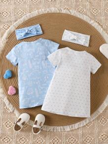 女婴两件套白色和粉色春夏针织圆领短袖动物心形图案睡衣和睡袍套装 - 淺藍色 - 查看 2