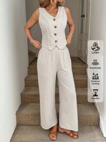 SHEIN LUNE 女士休闲条纹无袖上衣和条纹裤套装节日夏季波西米亚风复古货币女士夏季服装春假狂欢服装节日春假服装棉质 - 杏色 - 查看 6