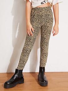 SHEIN Tween Girls Leopard Print Elasticated Waist Skinny Fit Leggings - Multicolor - View 1