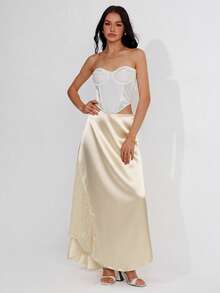 Roylia Women's Spring/Summer Fashion Satin & Contrast Lace Versatile All-Match Skirt - Champagne - View 5