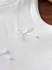 Elladie kids 2pcs/Set Girls Elegant Round Neck Sleeveless Tank Top With 3D Bow Accent + Embroidered Bell Bottom Jeans, Casual Fashion Outfit, Suitable For Holiday, Travel, Party, Birthday Gift, Summer