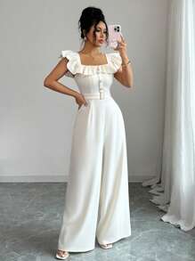 Elenzga Bộ đồ liền thân thắt lưng giả cổ vuông xếp nếp mới cho nữ, trang trí nút, thanh lịch, đa năng, mặc đi làm hàng ngày, cạp cao, thon gọn - Màu be - Xem 5