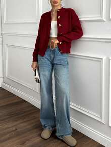 EURMUSE Women Heart Shape Button Burgundy Cardigan For Winter Red Cardigan Cardigan Sweater Red Sweater Heart Button Cardigan Gold Button Cardigan,Long Cardigans Woman,Petite Cardigans,Cardigans - Burgundy - View 6