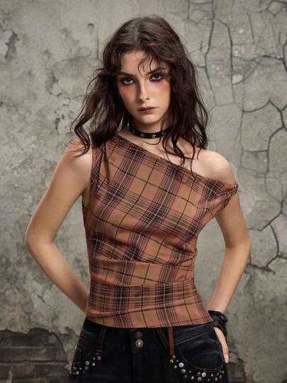 Grunge Punk Women Y2K Retro Sexy Slim Pleat Oblique Shoulder Plaid Blouse