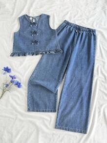 SHEIN Vintaside Kids 青少年女孩休闲圆领无袖水洗牛仔背心搭配时尚牛仔裤套装，夏季 - 藍色 - 查看 3