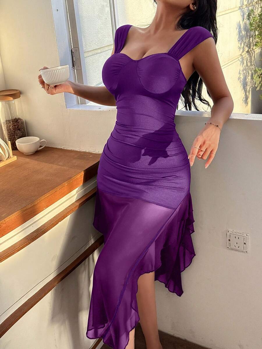 Women's Sexy Mesh Ruched Bodycon Slip Dress - Purple - View 1