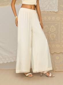 SHEIN MOD Women's Apricot Loose Wide Leg Casual Pants With Mesh Panels - Apricot - View 4