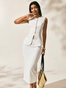 Easelle 女装春夏复古休闲海边度假办公室通勤方领修身亚麻无袖上衣低腰修身包臀裙秋冬白色套装 - 白色 - 查看 5