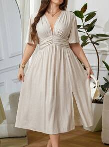 SHEIN Clasi Vestido de lino con cuello en V y bajo con abertura para mujer talla grande, vestido de madre de la novia, verano - Albaricoque - Ver 6