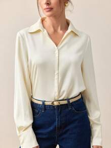 BizChic Cream White Autumn Business Casual Office Women's Elegant Blouse,Vintage 90s Stockholm Style Pleated Patchwork Shirt For Wedding Guest&Vacation - White - View 6