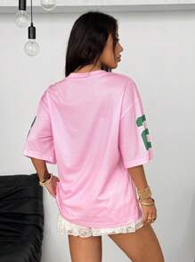 Coolane 女士春夏街头潮流情侣同款休闲V领落肩字母印花宽松休闲运动T恤 - 粉色 - 查看 6