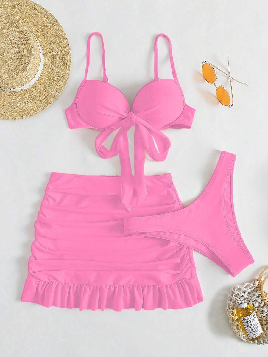 SHEIN Swim 女式三件套比基尼套装带罩裙,无肩带纯色性感泳衣带钢圈支撑,夏季海滩 - 粉色 - 查看 1