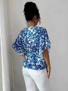 Elenzga Autumn New V-Neck Slit Waist Floral Print Blouse, Vintage Porcelain Pattern, Elegant Casual Vacation Date Wear, Puff Sleeve Shirt For Women, Teachers - Blue and White - View 2