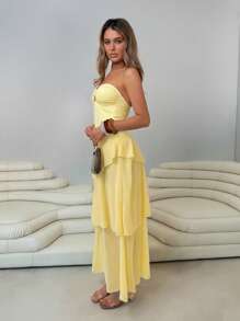 Roylia Vestido largo con volantes asimétricos y vuelta en el busto, estilo de moda resort para primavera/verano - Amarillo - Ver 5