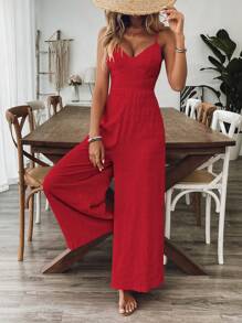 SHEIN PETITE 女士粉色纹理露背连体裤，适合春夏季度假和休闲穿着 - 紅色 - 查看 4