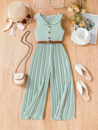SHEIN Combinaison boutonnée avec col vert pour filles, avec ourlet plissé, convient pour le port décontracté quotidien et les déplacements
