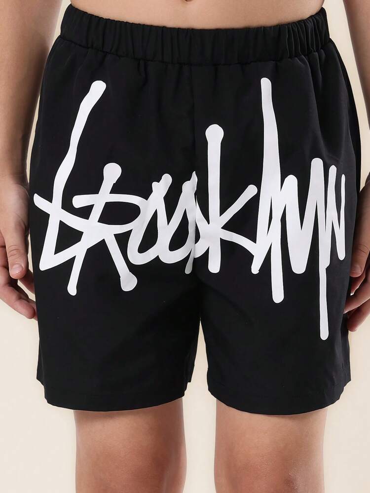Brooklyn Graffiti Surf Pool Skate Elastic Waist Swim Shorts