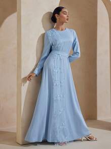 Graceveil Đầm nữ dệt bóng, thêu họa tiết, thiết kế eo. - Màu xanh lam - Xem 6