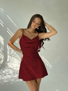 Aloruh Women's Sexy Open Back Floral Decor Draped Neck Elegant Color Block Mini Dress - Burgundy - View 4