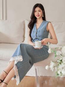 DAZY 2 件套女士夏季蕾丝拼接 V 领无袖开衫上衣和迷你裙，休闲度假风格牛仔套装 - 淺色水洗藍 - 查看 2
