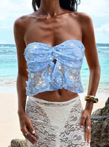 Opulessa Áo crop top xoắn trang trí applique cho nữ, gợi cảm/khoe vòng eo - Màu xanh lam - Xem 4